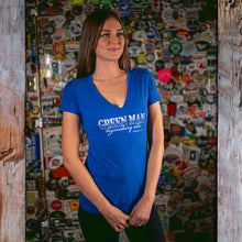 Load image into Gallery viewer, Green Man Women's Blue V-Neck T-Shirt Front