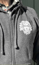 Load image into Gallery viewer, Green Man Heavyweight Heather Charcoal Zip Hoodie Chest Detail

