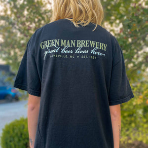 Green Man Great Beer Lives Here Black T-Shirt Back