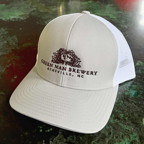 Green Man Brewery Gray White Peeking Face Mesh Back Trucker Cap Front