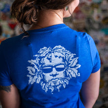 Load image into Gallery viewer, Green Man Women&#39;s Blue V-Neck T-Shirt Back
